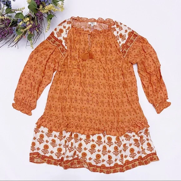 Umgee | Floral Long Puff Sleeve Keyhole Dress Ruffle Hem Tassel Tie Tiered Boho - Picture 2 of 16